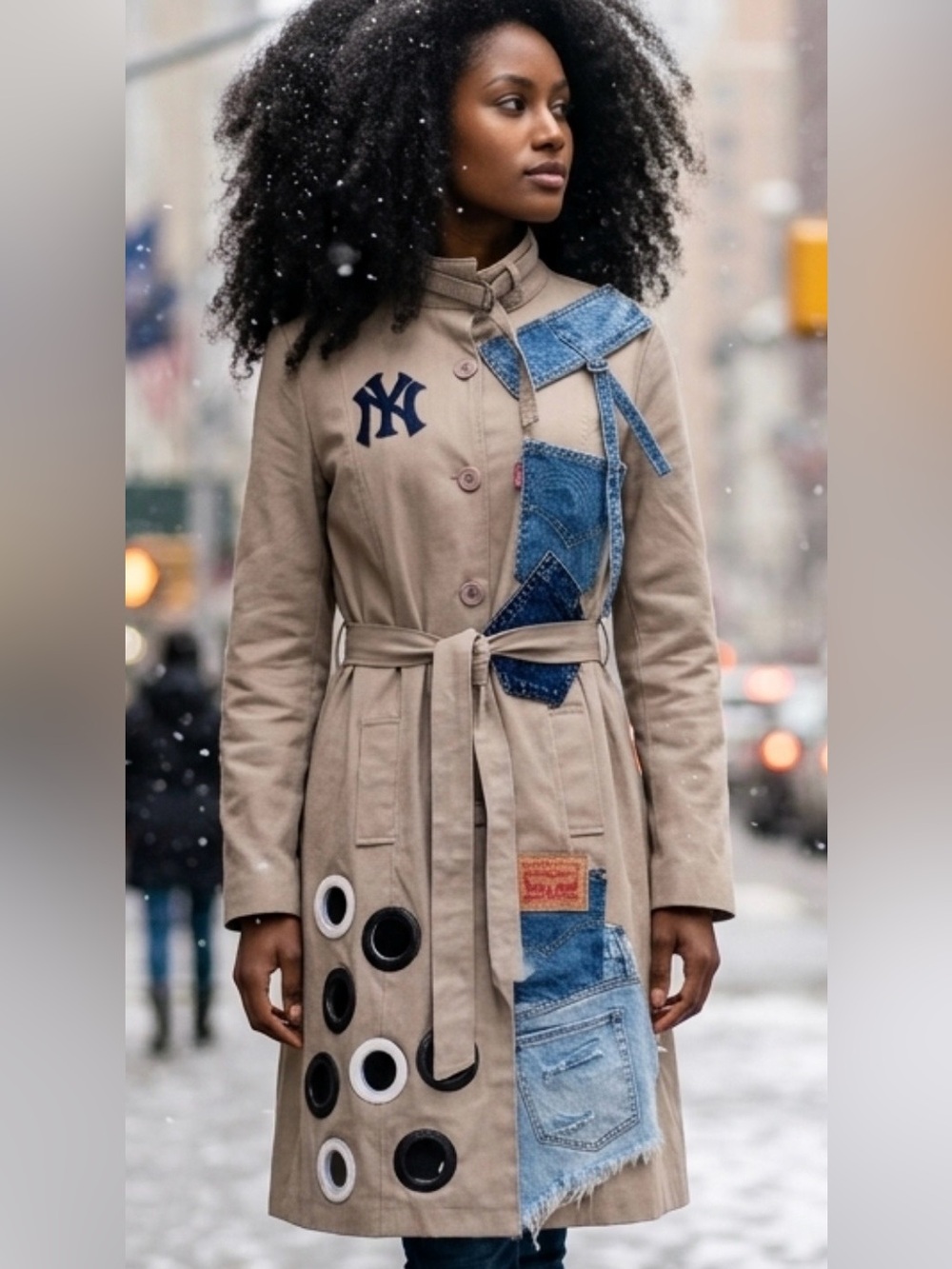 UPCYCLED NY Yankee Beige patchwork Trench Coat size L